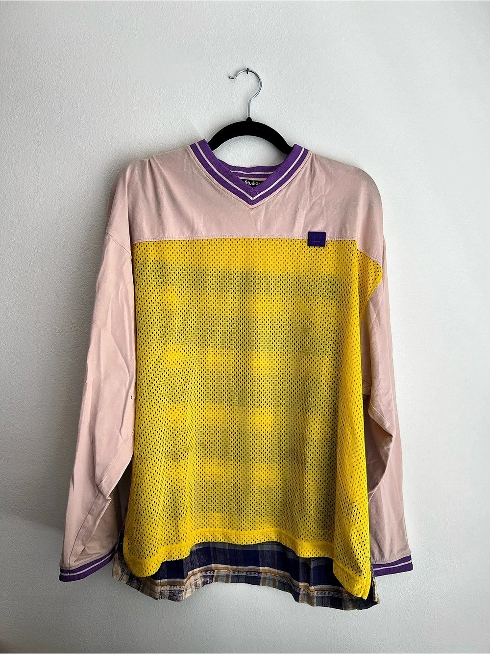 Acne Studios Long Sleeve Plaid Mesh Jersey Pink & Yellow XS Like New